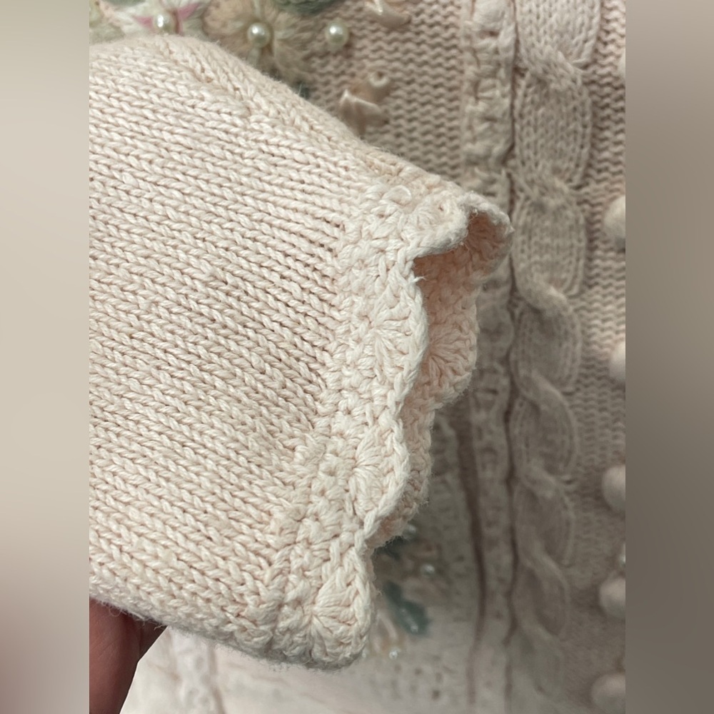 Vintage 90s Casual Corner Hand Knit Heavy Sweater Ribbon Pearls Pink Coquette - Picture 8 of 11